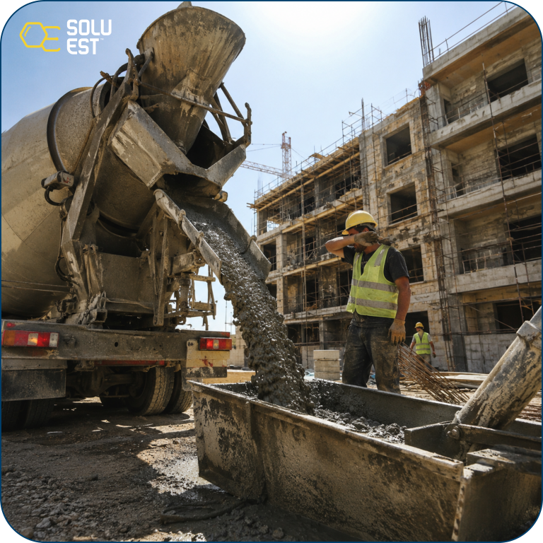Chantier de bétonnage par forte chaleur en Algérie avec logo Soluest, adjuvants pour béton