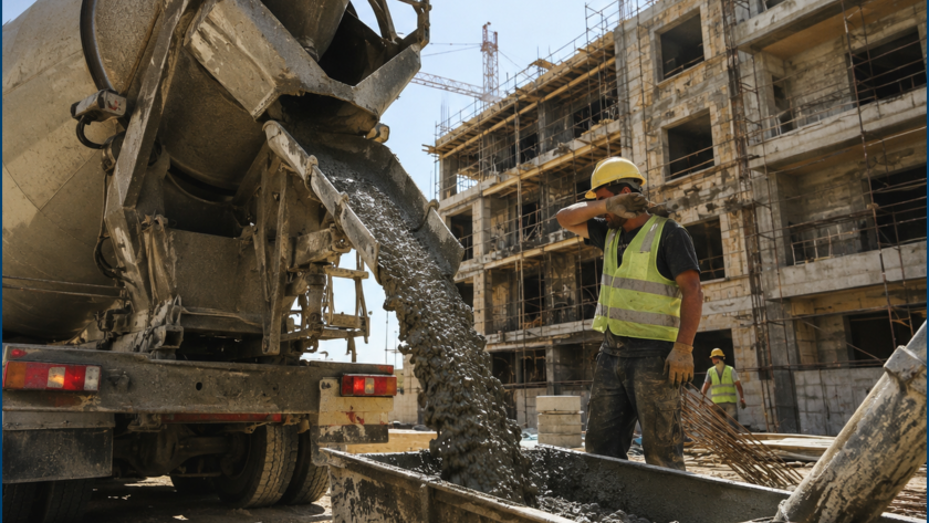 Chantier de bétonnage par forte chaleur en Algérie avec logo Soluest, adjuvants pour béton