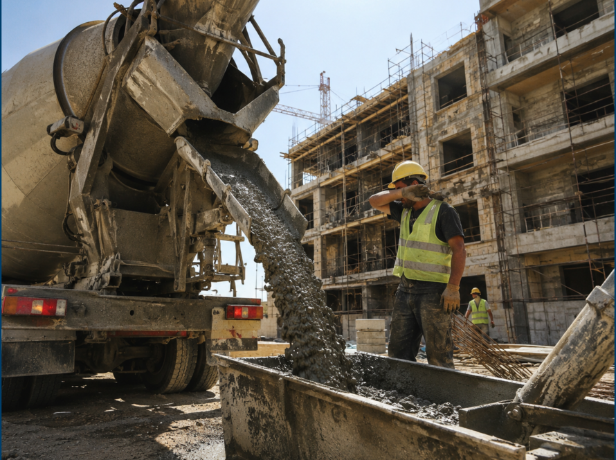 Chantier de bétonnage par forte chaleur en Algérie avec logo Soluest, adjuvants pour béton