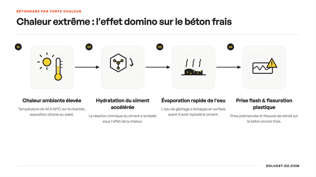 Schéma cause-effet du bétonnage par forte chaleur : hydratation accélérée, évaporation, prise flash et fissuration.